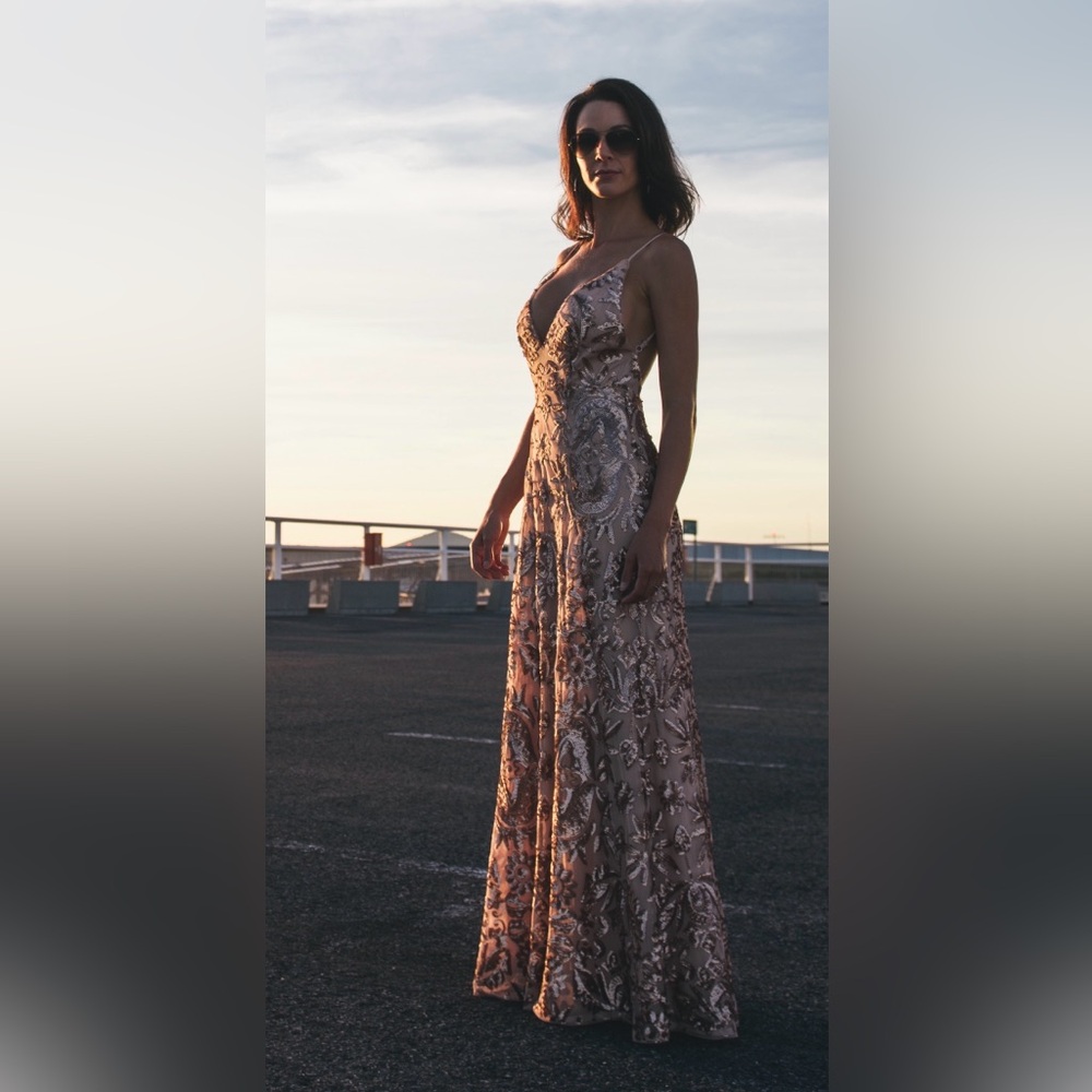 NWT BCBGMaxAzria Backless sequins maxi dress in Rose Gold
